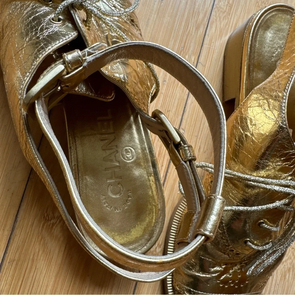 CHANEL Metallic Gold Leather Open-Toe Lace-Up Flats